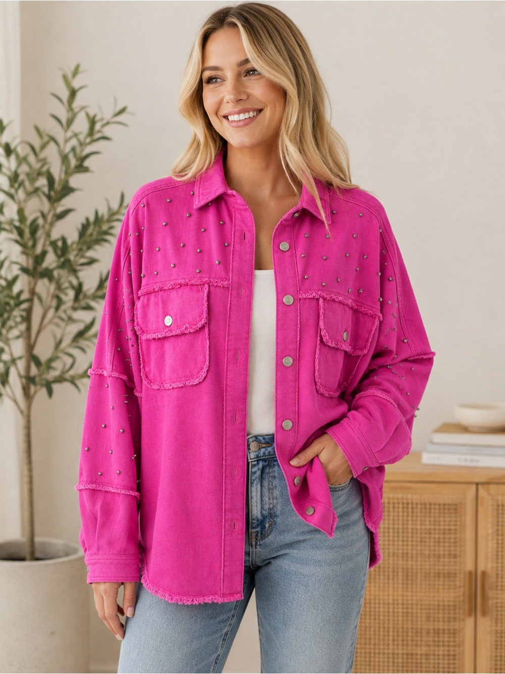 Peach Love California Hot Pink Rhinestone Studded Oversized Shacket Size L